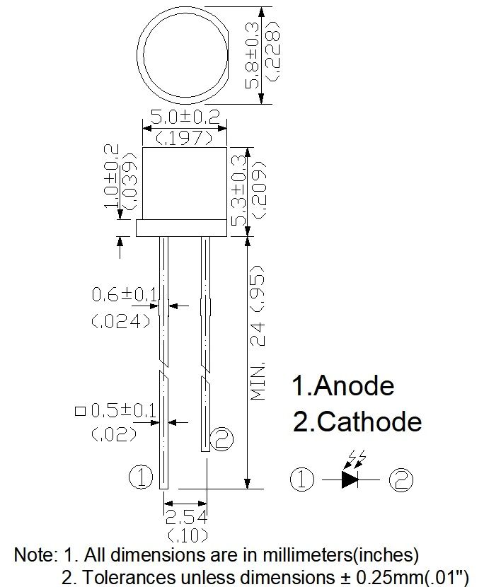 Fotodiode sensor 5mm helder transparant platte kop SGPD5051C6 afmetingen